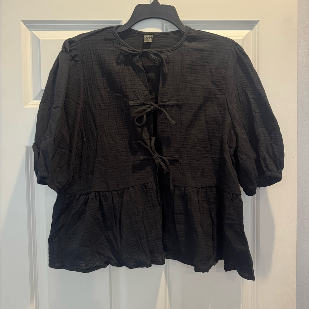 SHEIN Black Textured Blouse with Bow Detail